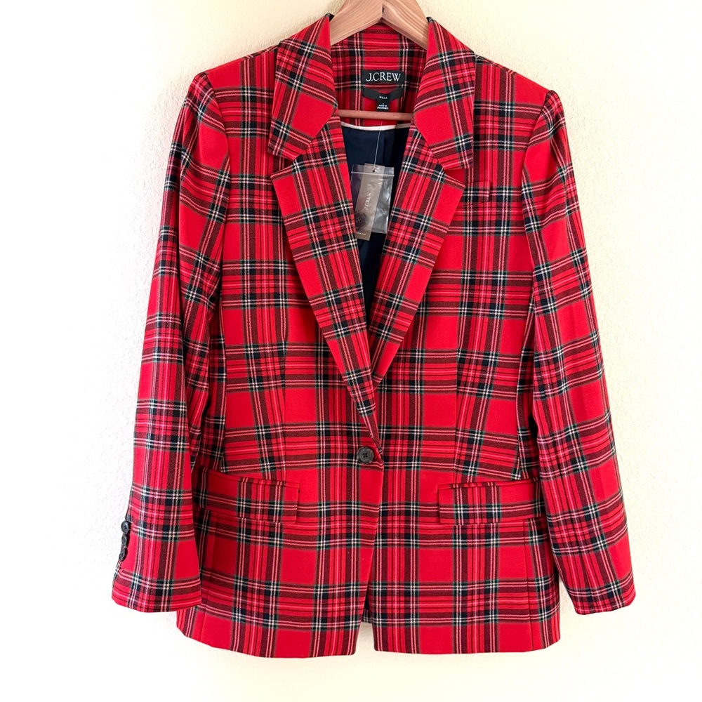 J. Crew Vibrant Red And Black Tartan Blazer